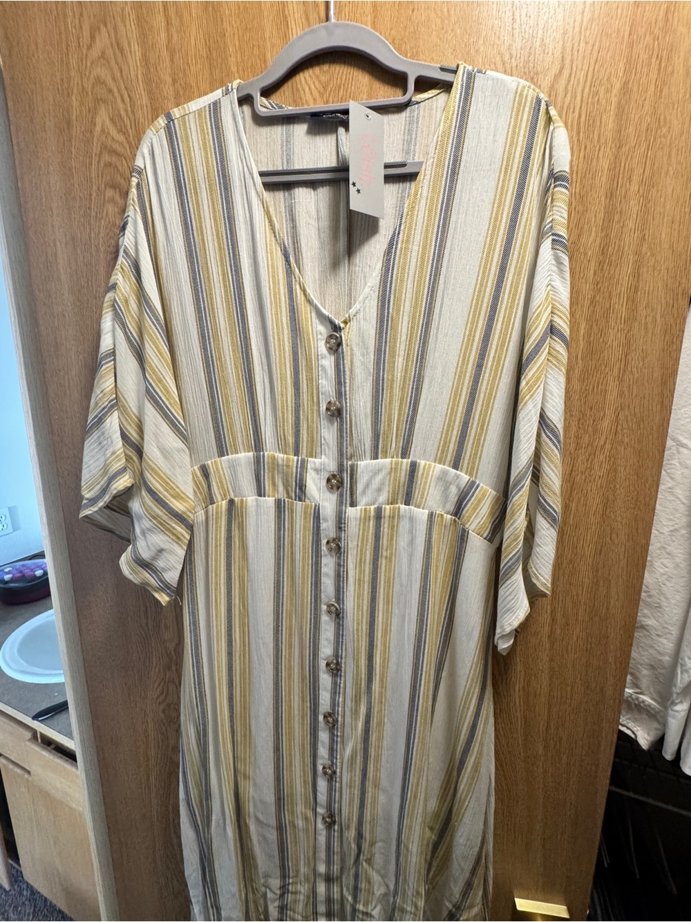 Striped V-Neck Button-Front Long Sleeve Dress in Cream and Mustard